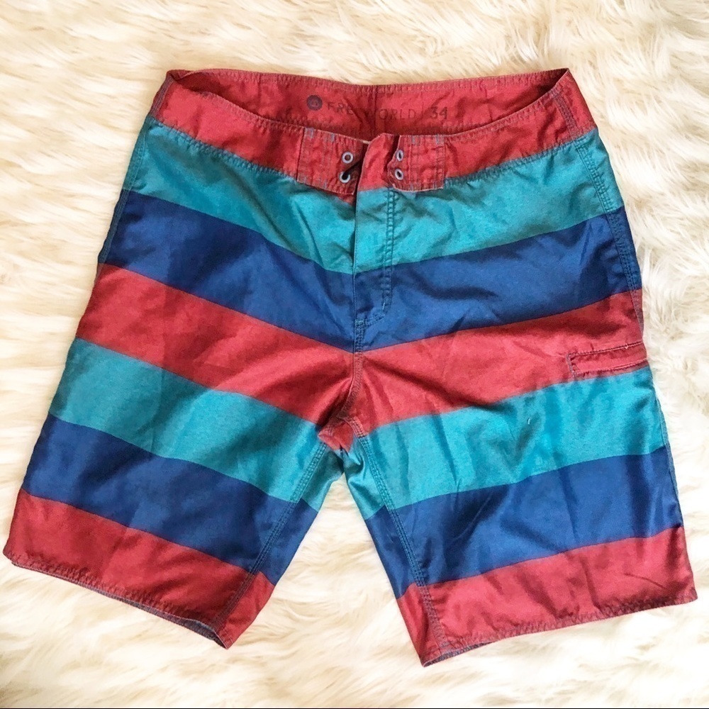 Men’s Free World Blue & Red Swimming Shorts 34w!